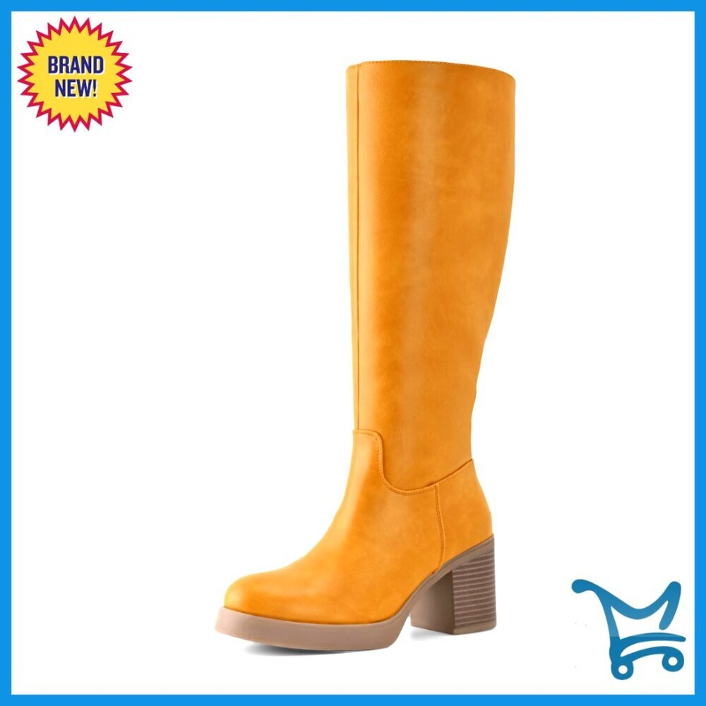 Platform Knee High Boots Chunky Heel Side Zipper Winter Boots - Picture 1 of 6